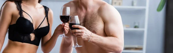 Horizontal Crop Shirtless Man Woman Underwear Clinking Glasses Red Wine — Stock Photo, Image