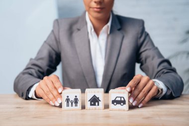 cropped view of woman touching wooden cubes with family, car and house  clipart