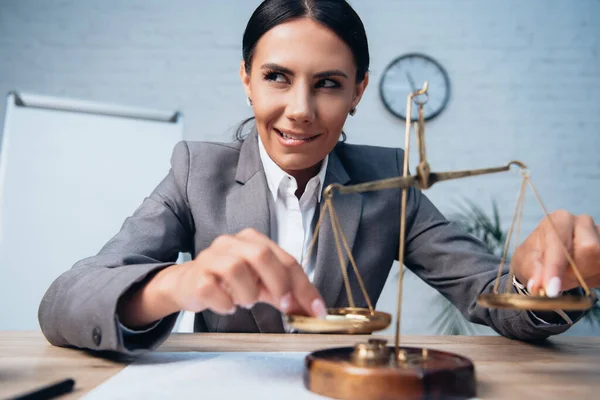 Selective Focus Pensive Businesswoman Formal Wear Touching Scales Biting Lips — Stock Photo, Image