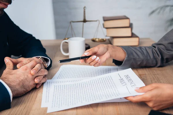 Cropped View Lawyer Giving Pen Businessman Insurance Policy Contract Office — Stock Photo, Image