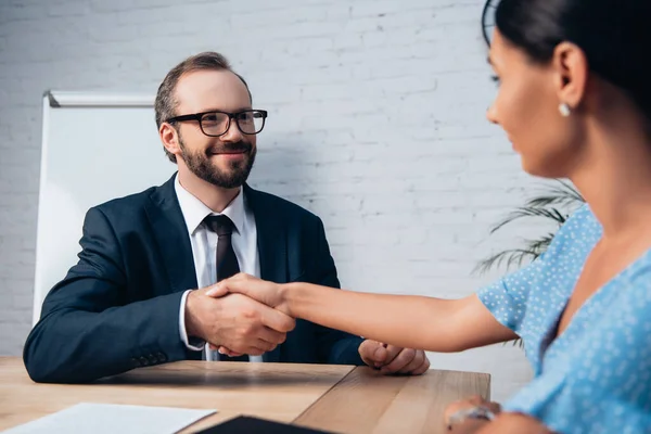 Selective Focus Bearded Lawyer Glasses Shaking Hands Client Office — Stock Photo, Image