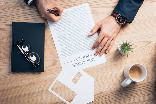 Top View Lawyer Signing Insurance Policy Agreement Plant Glasses Notebook — Stock Photo, Image