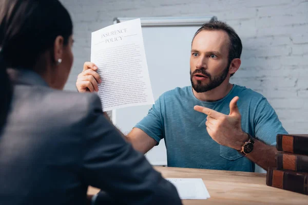 Selective Focus Bearded Man Pointing Finger Insurance Policy Agreement Lawyer — Stock Photo, Image