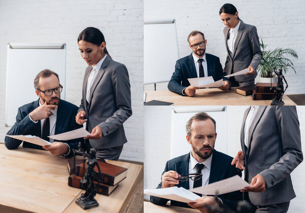 collage of businesswoman pointing with hand at document near businessman in glasses