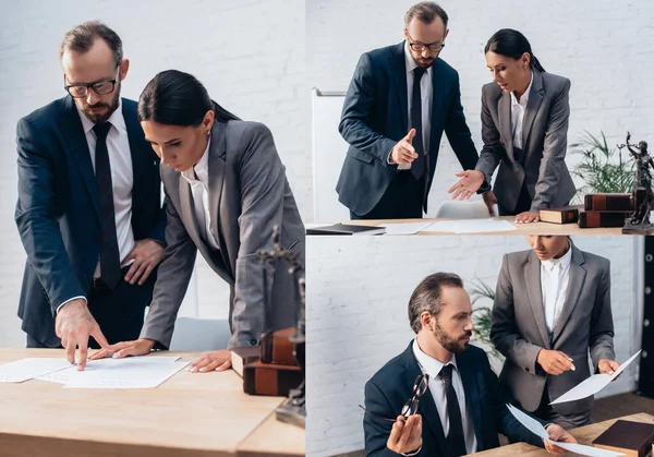 Collage Businesswoman Businessman Pointing Hands Documents Table — Stock Photo, Image