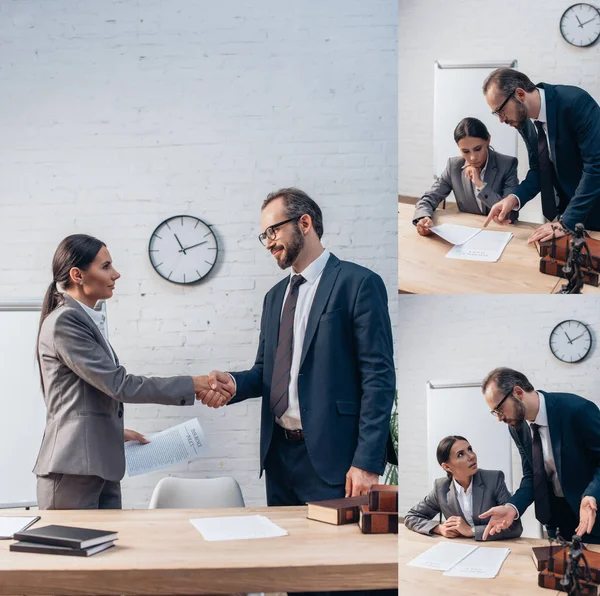 Collage Affärskvinna Och Skäggig Affärsman Skakar Hand Och Tittar Dokument — Stockfoto