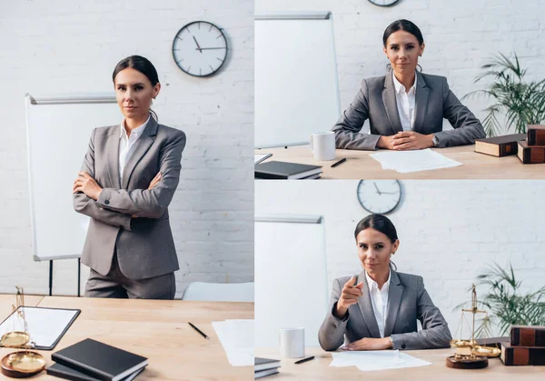 Collage Van Brunette Advocaat Staan Met Gekruiste Armen Wijzen Met — Stockfoto