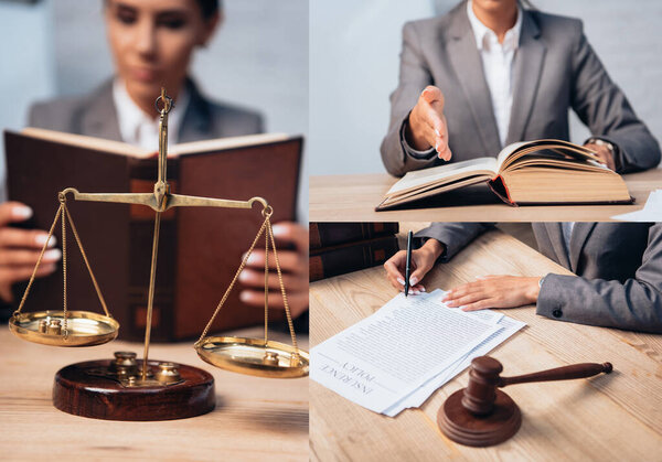collage of woman reading book, pointing with finger and signing insurance policy agreement near gavel 