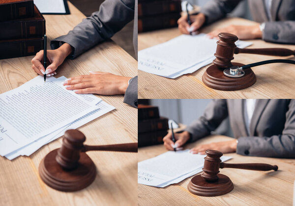 collage of judge signing insurance policy agreement near gavel and books