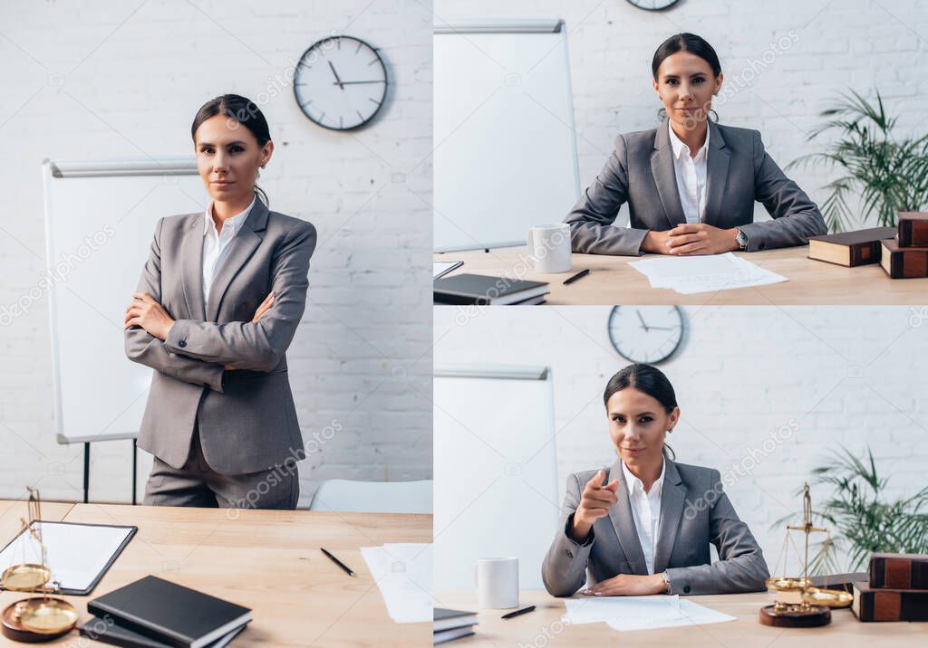 collage of brunette lawyer standing with crossed arms and pointing with finger in office 