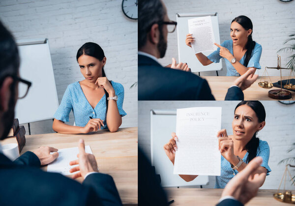 collage of brunette and displeased client pointing with finger at insurance policy agreement near lawyer 