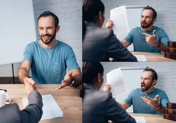 collage of bearded client pointing with finger at insurance policy document and shaking hands with lawyer 