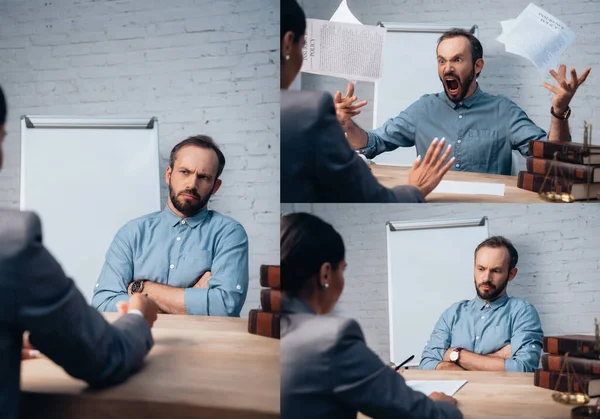 Collage Bearded Client Sitting Crossed Arms Throwing Air Insurance Policy — Stock Photo, Image