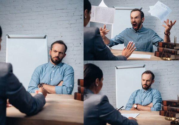collage of bearded client sitting with crossed arms and throwing in air insurance policy documents near lawyer 