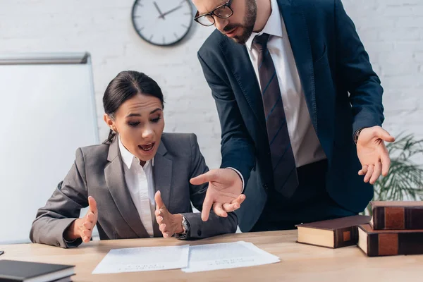 Selective Focus Lawyers Gesturing Talking Documents — Stock Photo, Image