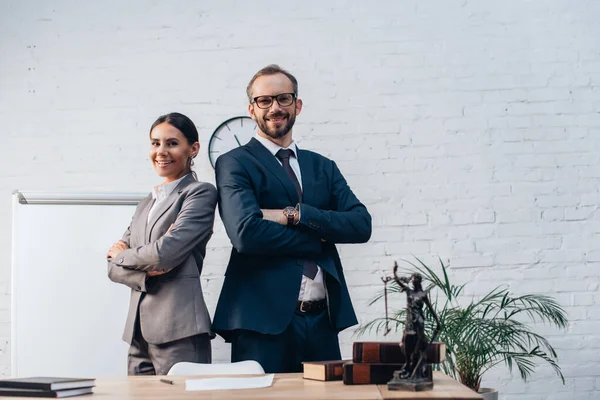 Lawyers Suits Standing Crossed Arms Looking Camera Office — Stock Photo, Image