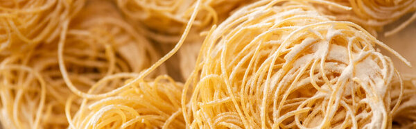 close up view of raw Italian Capellini with flour, panoramic shot