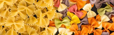 Çiğ renkli fusilli ve farfalle makarna üst görünümü