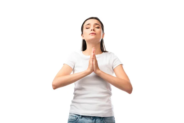 Woman Closed Eyes Praying Hands Isolated White — Stock Photo, Image
