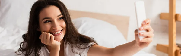 Panoramic Shot Young Woman Taking Selfie Bedroom — Stock Photo, Image