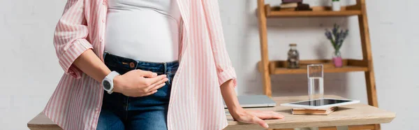 Panoramic Crop Pregnant Woman Touching Tummy Home — Stock Photo, Image