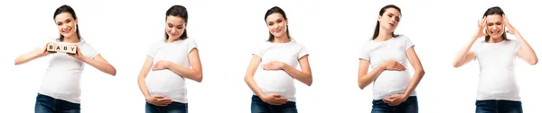 Collage Pregnant Woman Holding Wooden Cubes Baby Lettering Touching Belly — Stock Photo, Image