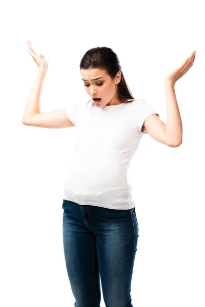 Surprised Pregnant Woman White Shirt Looking Belly Gesturing Isolated White — Stock Photo, Image