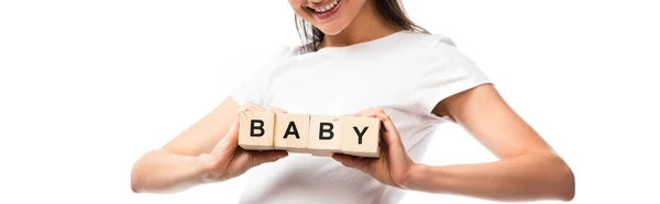 Panoramic Crop Young Pregnant Woman White Shirt Holding Wooden Cubes — Stock Photo, Image