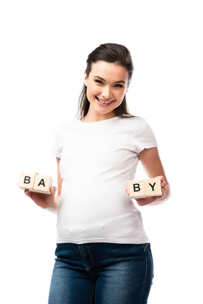 Jovem Grávida Shirt Branca Segurando Cubos Madeira Com Letras Bebê — Fotografia de Stock