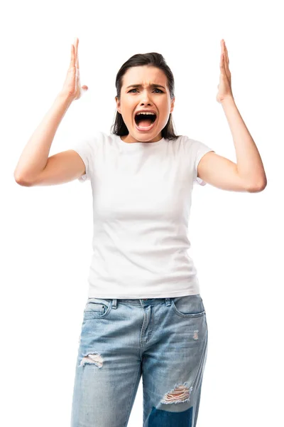 Frightened Young Woman White Shirt Looking Camera Screaming Isolated White — Stock Photo, Image