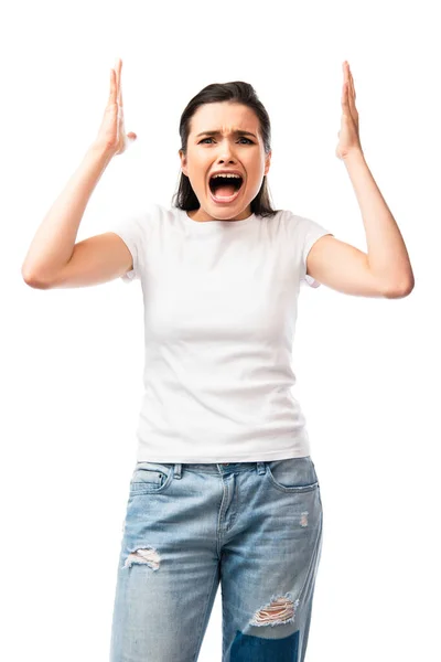 Bang Jonge Vrouw Wit Shirt Kijken Naar Camera Schreeuwen Geïsoleerd — Stockfoto