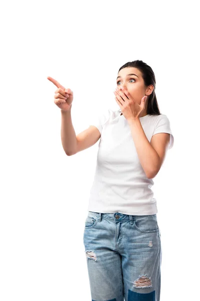 Shocked Young Woman White Shirt Pointing Finger Covering Mouth Isolated — Stock Photo, Image