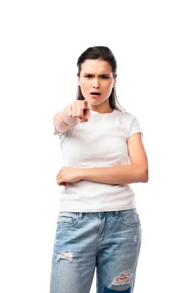 Selectieve Focus Van Ontevreden Jonge Vrouw Wit Shirt Jeans Wijzend — Stockfoto