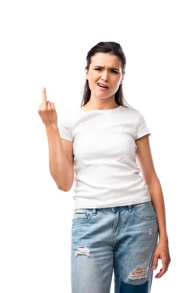 Unzufriedene Junge Frau Weißem Shirt Und Jeans Zeigt Mittelfinger Auf — Stockfoto