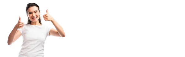 Panoramic Crop Young Woman White Shirt Showing Thumbs Isolated White — Stock Photo, Image