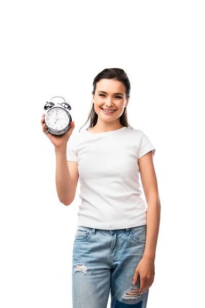 Young Brunette Woman White Shirt Jeans Holding Retro Alarm Clock — Stock Photo, Image