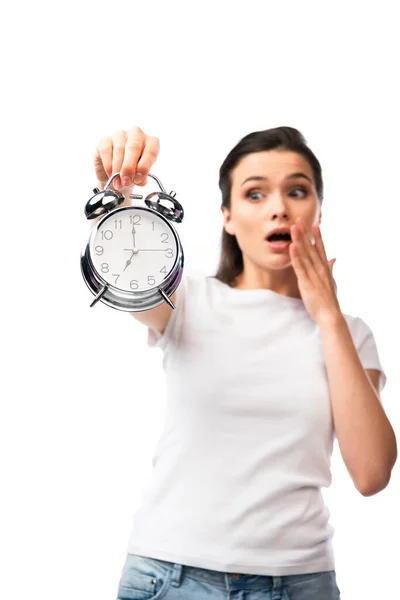 Selective Focus Shocked Woman White Shirt Looking Retro Alarm Clock — Stock Photo, Image