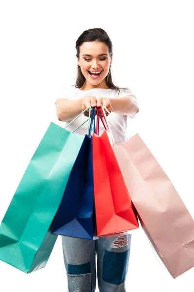 Enfoque Selectivo Mujer Sosteniendo Bolsas Aisladas Blanco — Foto de Stock