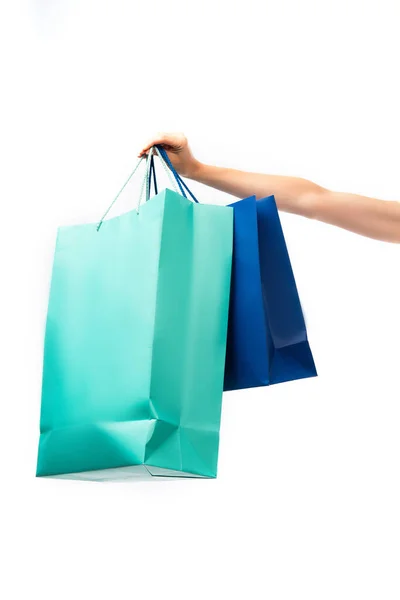 Beskärd Över Kvinna Som Håller Färgglada Shoppingpåsar Isolerade Vitt — Stockfoto