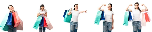 Collage Van Brunette Vrouw Met Kleurrijke Boodschappentassen Geïsoleerd Wit — Stockfoto