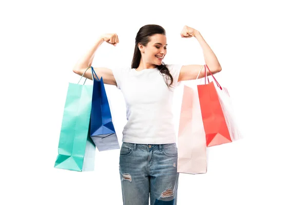 Mujer Fuerte Sosteniendo Bolsas Aisladas Blanco —  Fotos de Stock