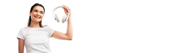 Panoramic Shot Young Woman White Shirt Looking Wireless Headphones Isolated — Stock Photo, Image