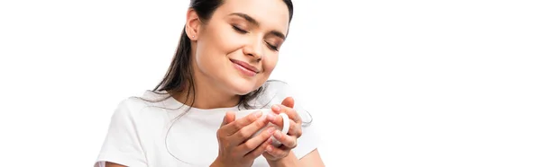 Panoramisch Concept Van Jonge Brunette Vrouw Wit Shirt Holding Cup — Stockfoto