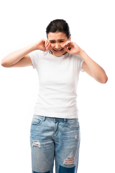 Brunette Woman White Shirt Crying Isolated White Stock Picture