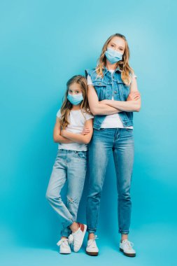 Anne ve kızı, kot ve sağlık maskeleriyle kollarını kavuşturup mavi kameraya bakarken.