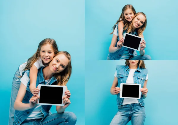 Collage Einer Jungen Frau Mit Tochter Die Ein Digitales Tablet — Stockfoto