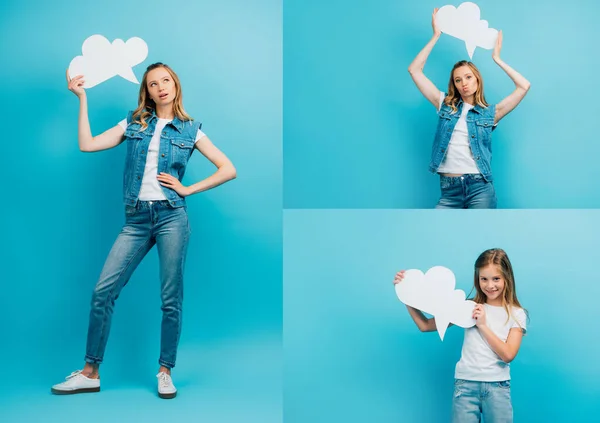 デニムの服を着た若い女性と白いTシャツを着た女の子と青い泡を考えたジーンズのコラージュ — ストック写真