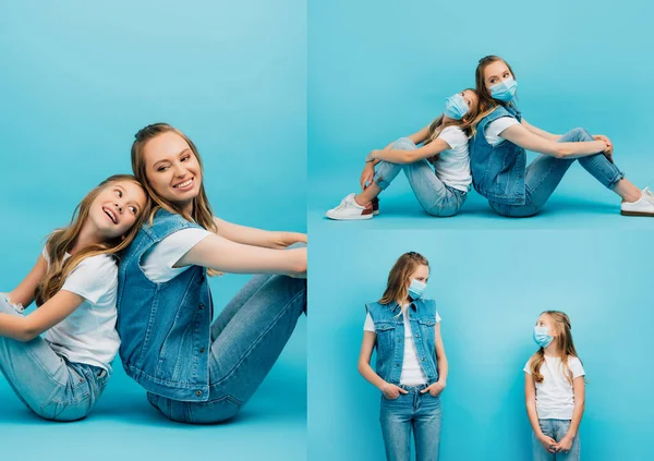 Collage Mujer Joven Niño Sentado Espalda Con Espalda Con Máscaras — Foto de Stock