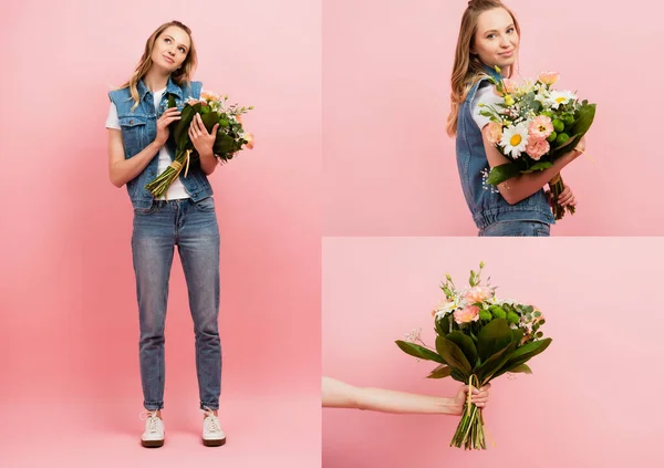 Collage Woman Denim Clothes Female Hand Bouquet Flowers Pink — Stock Photo, Image