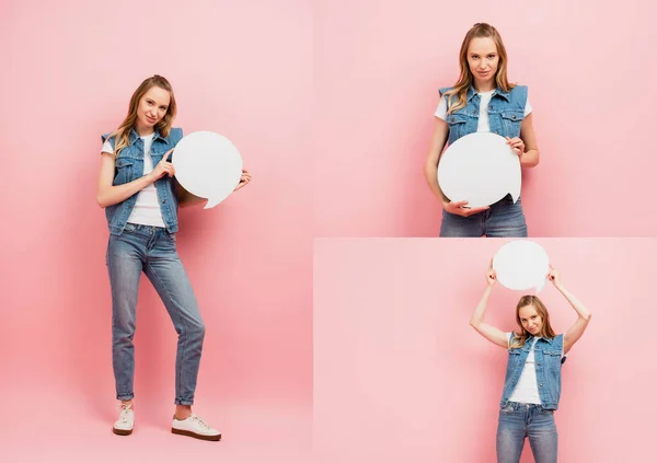 Collage Mujer Ropa Mezclilla Sosteniendo Burbuja Pensamiento Mientras Mira Cámara — Foto de Stock